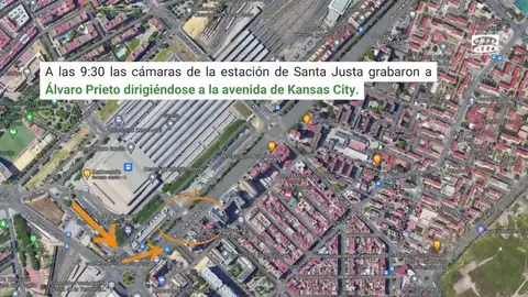 El posible recorrido de Álvaro Prieto antes de subirse al techo del tren donde encontraron su cuerpo El posible recorrido de Álvaro Prieto antes de subirse al techo del tren donde encontraron su cuerpo