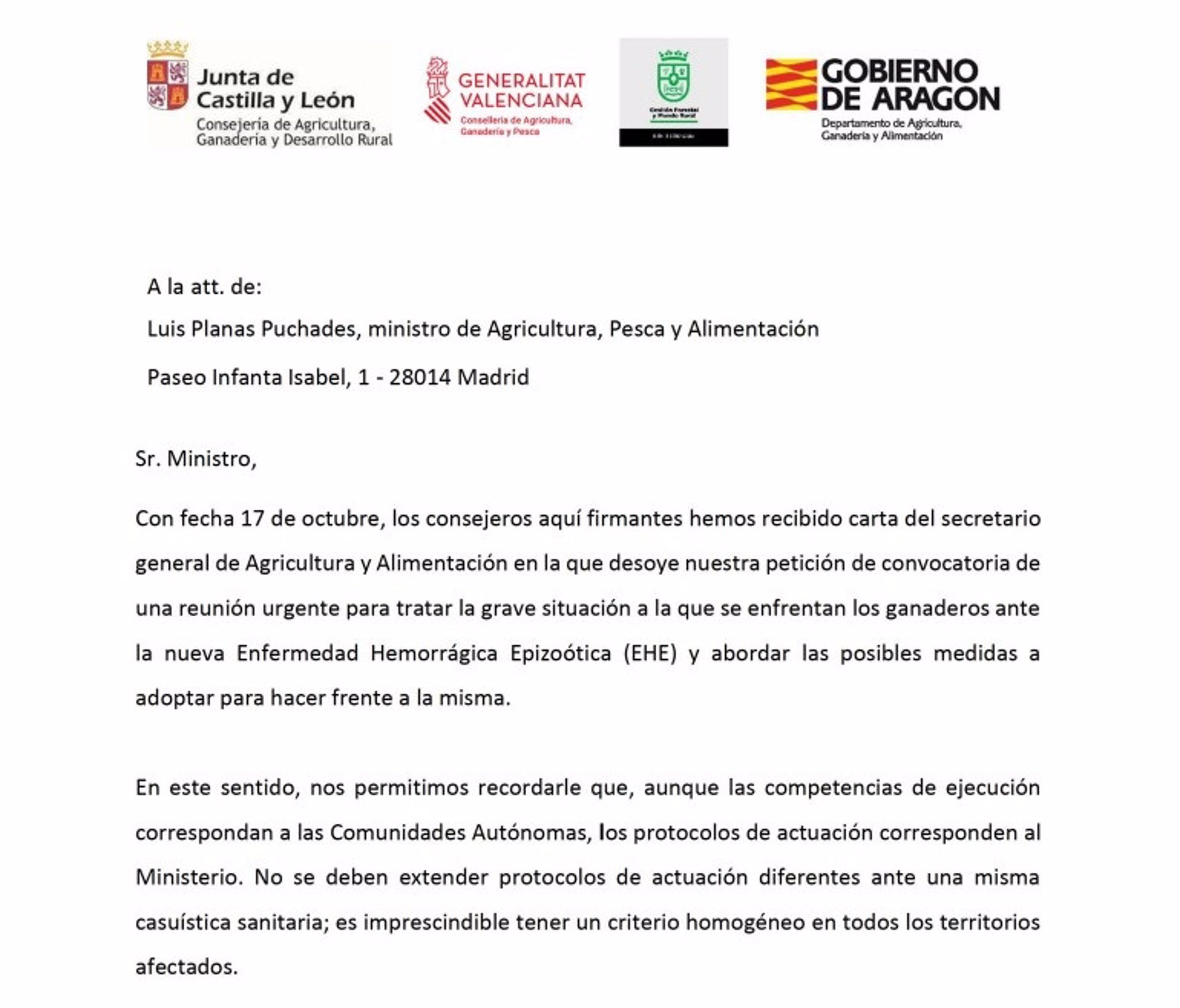 Los consejeros de Mundo Rural de Vox remiten otra carta a Planas para urgir una reunión ante su "inacción" en la EHE Los consejeros de Mundo Rural de Vox remiten otra carta a Planas para urgir una reunión ante su "inacción" en la EHE