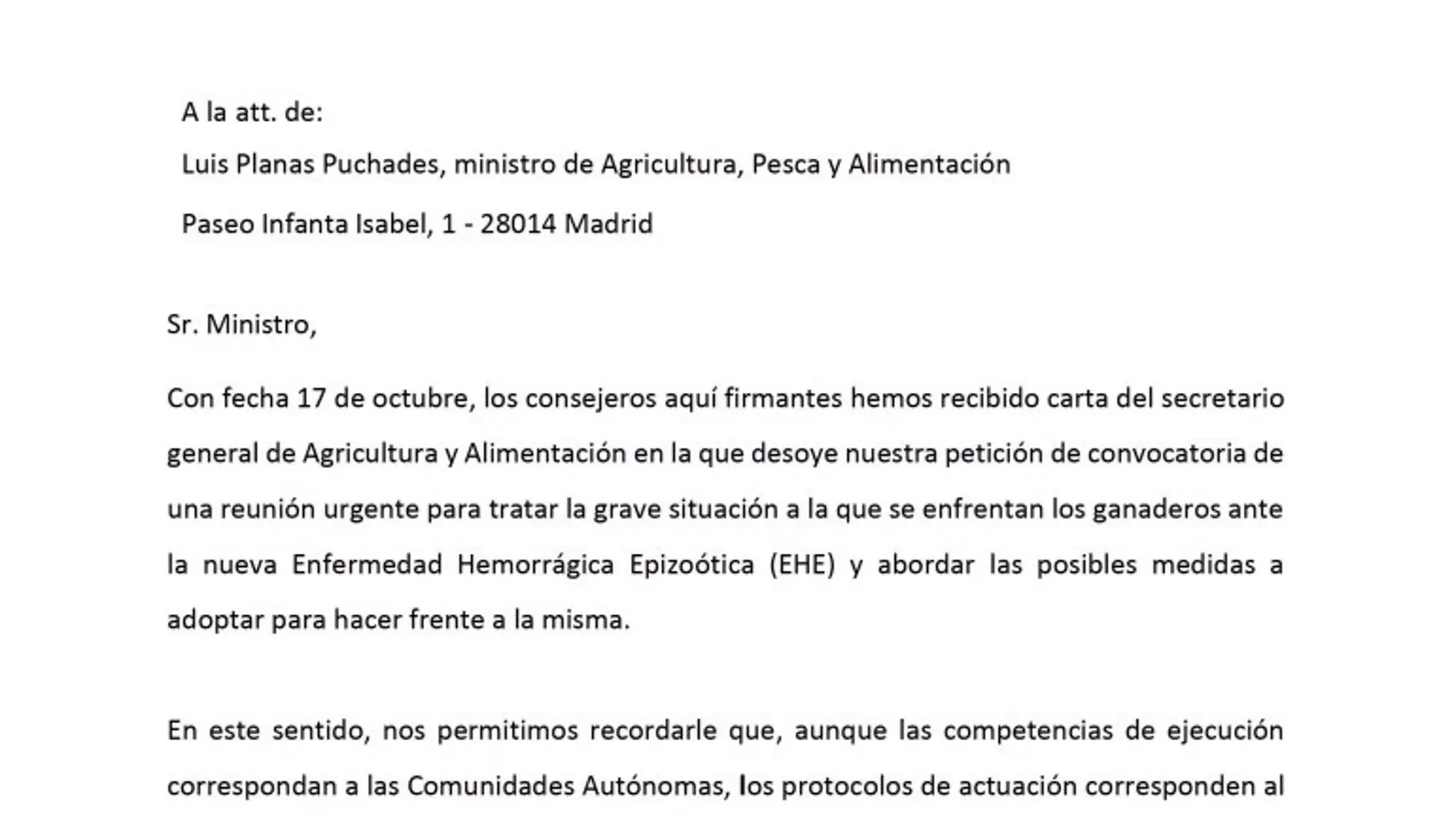 Los consejeros de Mundo Rural de Vox remiten otra carta a Planas para urgir una reunión ante su "inacción" en la EHE