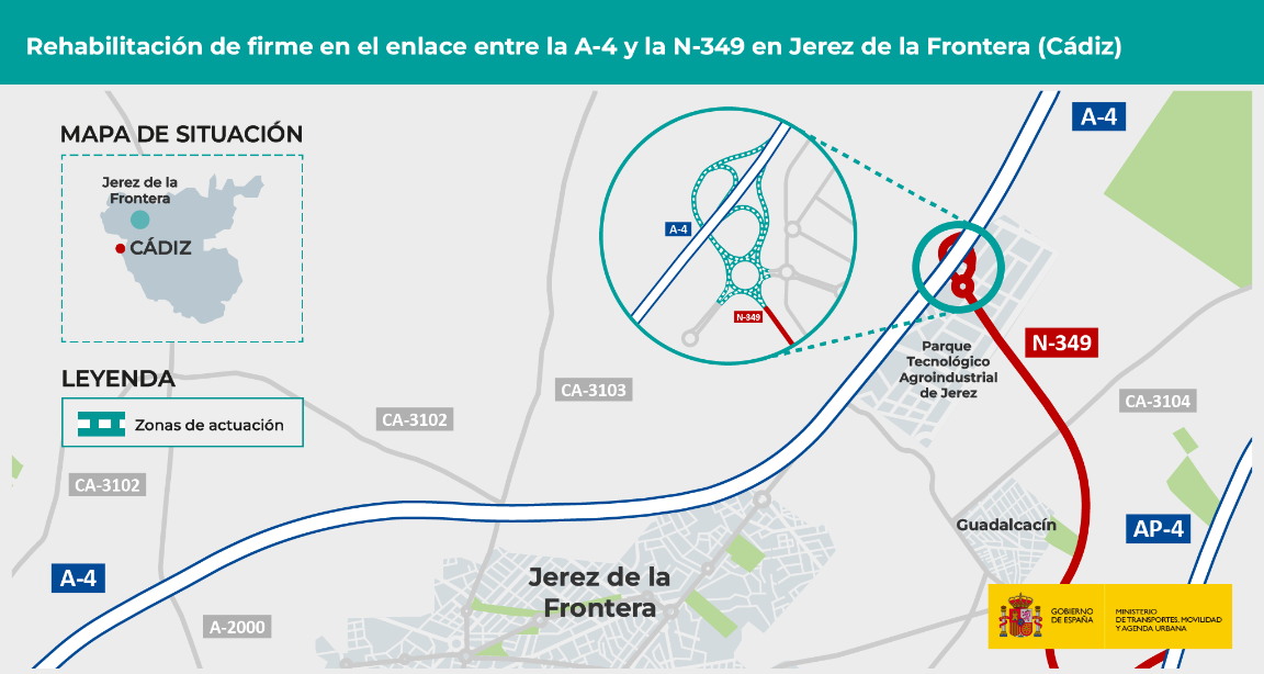El MITMA adjudica por 320.562 euros la rehabilitación de firme del enlace entre la A-4 y la N-349, en Jerez El MITMA adjudica por 320.562 euros la rehabilitación de firme del enlace entre la A-4 y la N-349, en Jerez