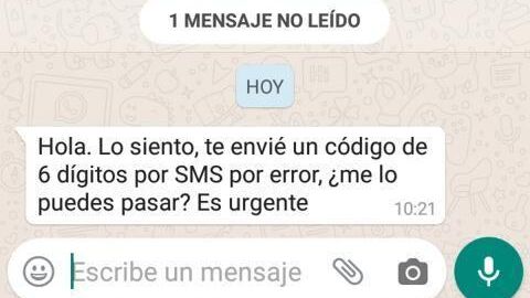 Mensaje del &quot;timo del código de Whatsapp&quot;