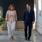 El presidente de la Junta de Andalucía, Juanma Moreno, la vicepresidenta y la ministra Teresa Ribera, el pasado 3 de octubre