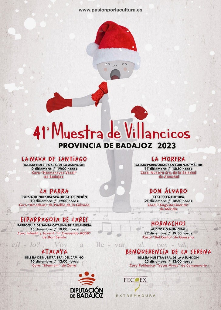 La 41º Muestra de Villancicos llegará a ocho localidades pacenses entre el 9 y el 23 de diciembre La 41º Muestra de Villancicos llegará a ocho localidades pacenses entre el 9 y el 23 de diciembre