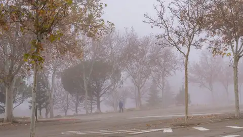 Un hombre camina entre la intensa niebla Un hombre camina entre la intensa niebla