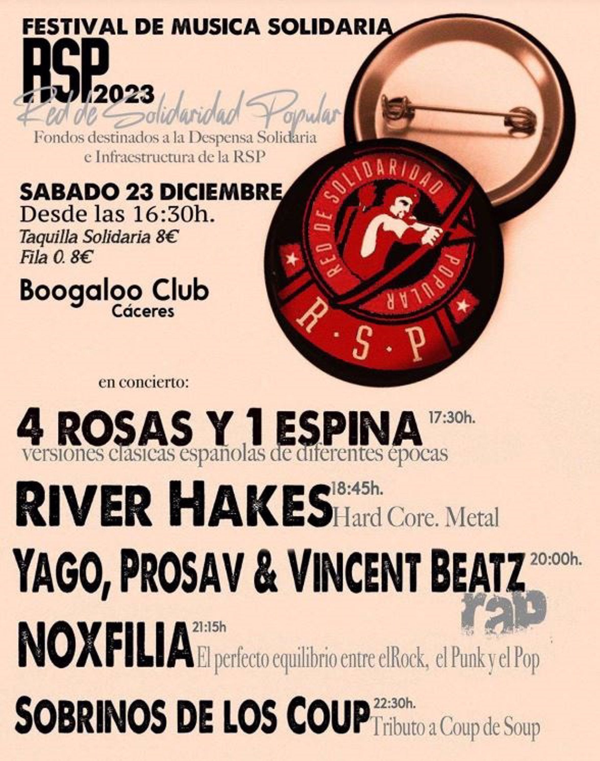 La Sala Boogaloo de Cáceres celebra el 23 de diciembre un festival a favor de la Red de Solidaridad Popular La Sala Boogaloo de Cáceres celebra el 23 de diciembre un festival a favor de la Red de Solidaridad Popular