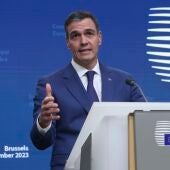 El presidente del Gobierno, Pedro Sánchez, durante la rueda de prensa que ha ofrecido al término del Consejo Europeo de Bruselas.