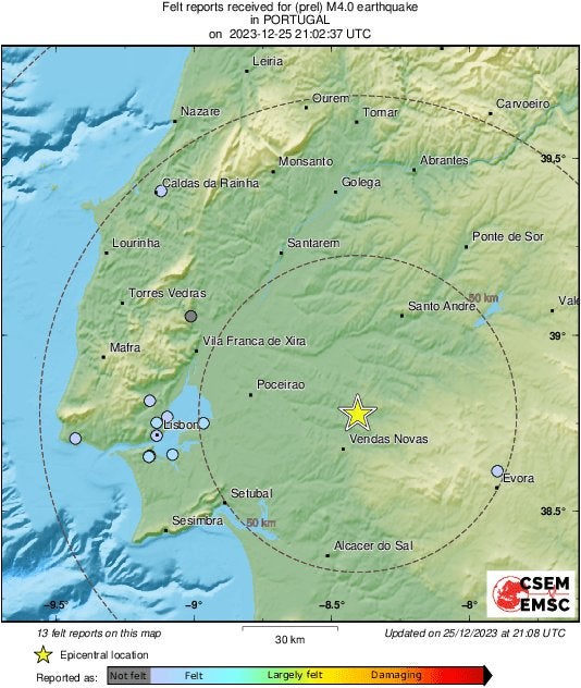 Un pequeño temblor de tierra con epicentro en Portugal se hacía sentir en la noche de este lunes en Badajoz Un pequeño temblor de tierra con epicentro en Portugal se hacía sentir en la noche de este lunes en Badajoz