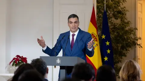 El presidente del Gobierno, Pedro Sánchez, durante su comparecencia comparece para explicar el decreto que prorroga el escudo social El presidente del Gobierno, Pedro Sánchez, durante su comparecencia comparece para explicar el decreto que prorroga el escudo social