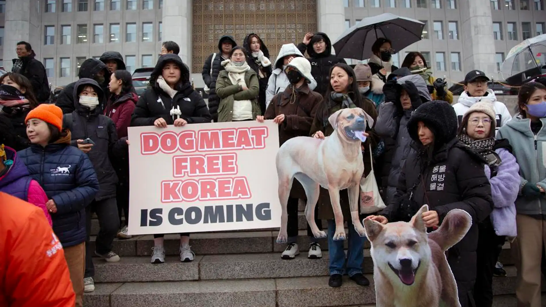 Activistas animalistas en Seul durante la aprobación de la ley que prohíbe el comercio de carne de perro en Corea del Sur./ EFE/EPA/JEON HEON-KYUN