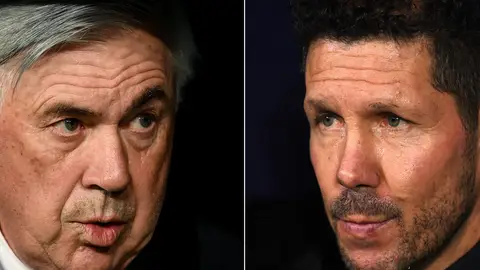 Carlos Ancelotti, entrenador del Real Madrid y Diego Pablo Simeone, entrenador del Atlético de Madrid Carlos Ancelotti, entrenador del Real Madrid y Diego Pablo Simeone, entrenador del Atlético de Madrid