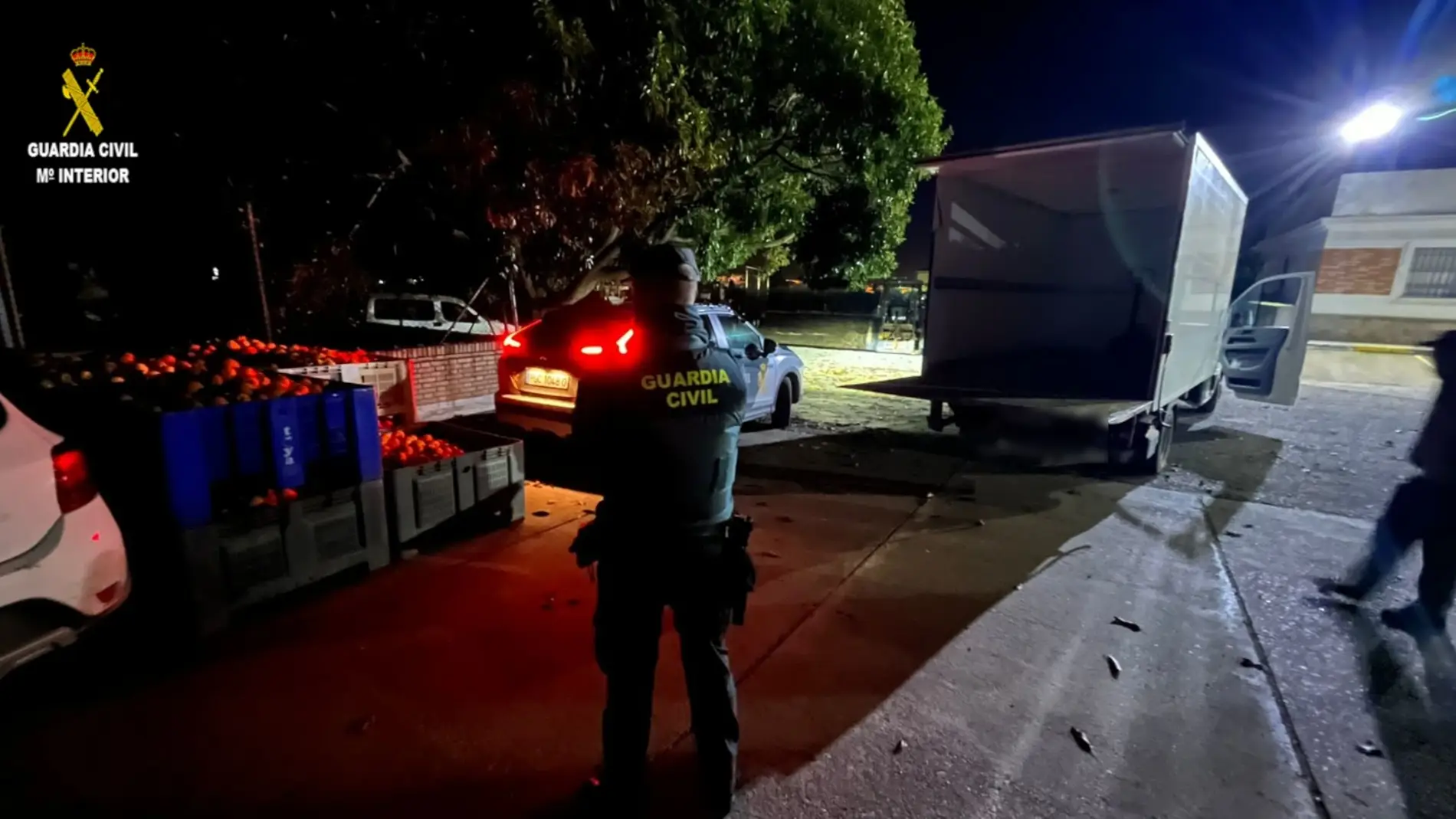 Agentes de la Guardia Civil interviene el camión con los 2.500 kilos de naranjas robadas