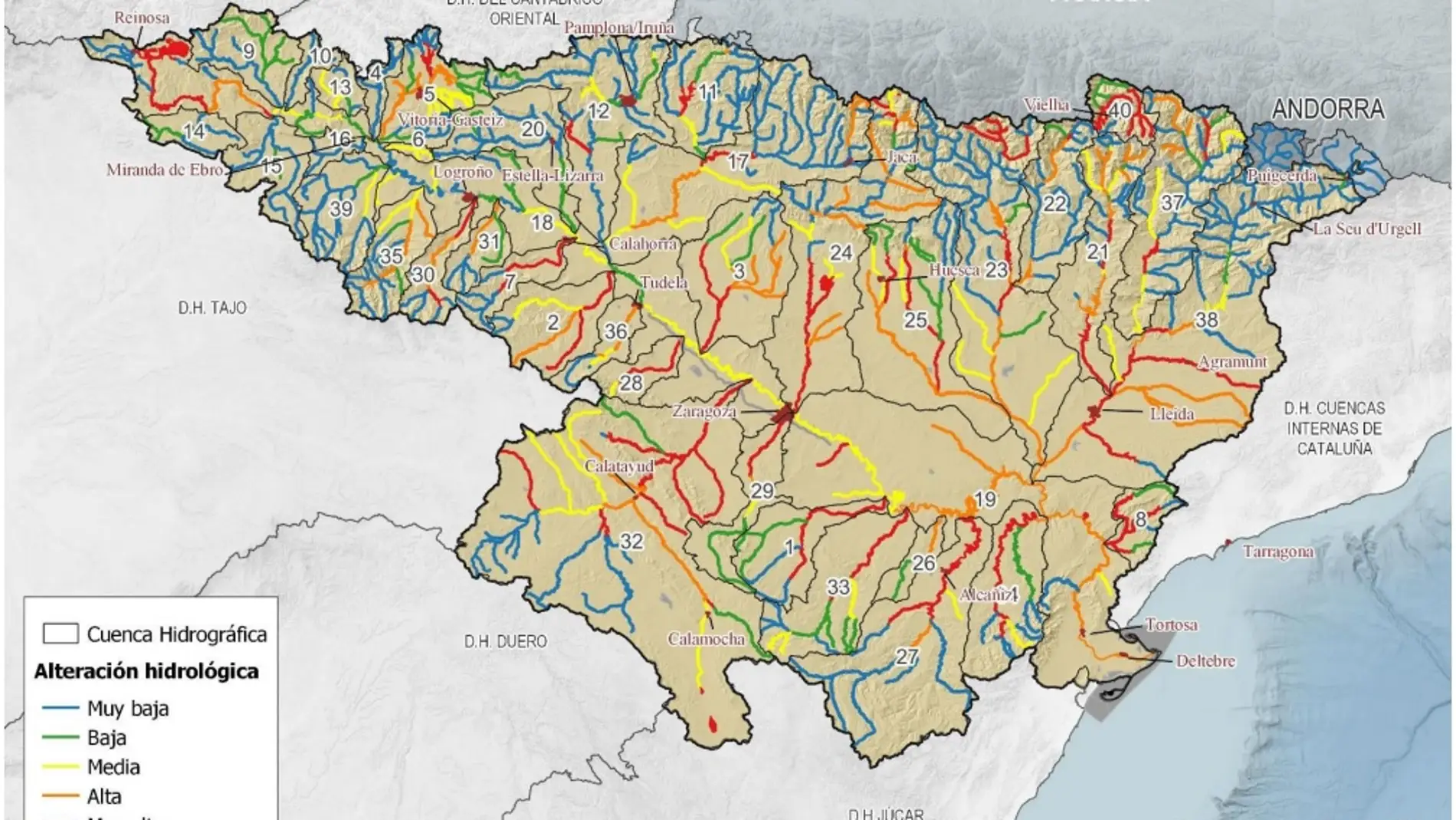 Nivel de alteración en las masas de agua de la cuenca del Ebro