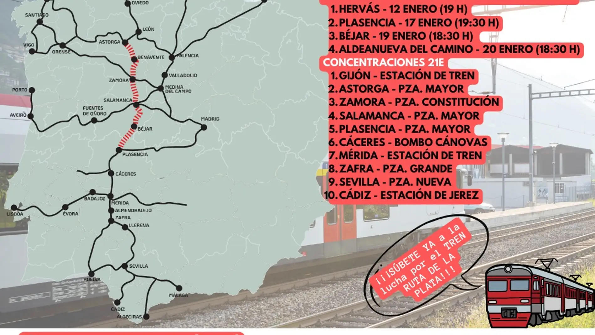 El domingo 21 de enero diversas concentraciones reclamarán la recuperación del Tren "Ruta de la Plata" a lo largo de este eje