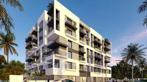 Simulación del edificio de viviendas de alquiler asequible que va a construir Pimesa en Elche. Simulación del edificio de viviendas de alquiler asequible que va a construir Pimesa en Elche.