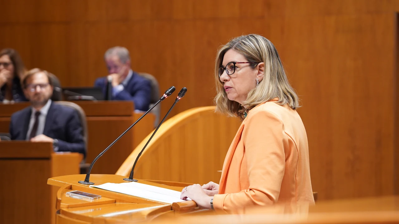 La consejera, Claudia Pérez, interviniendo en el pleno de las Cortes de Aragón