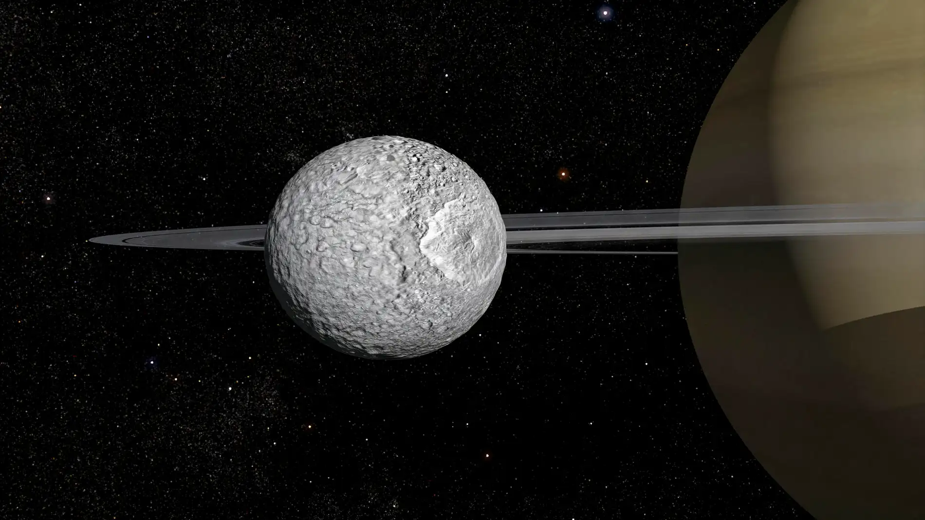 Representación de la luna Mimas con Saturno al fondo.