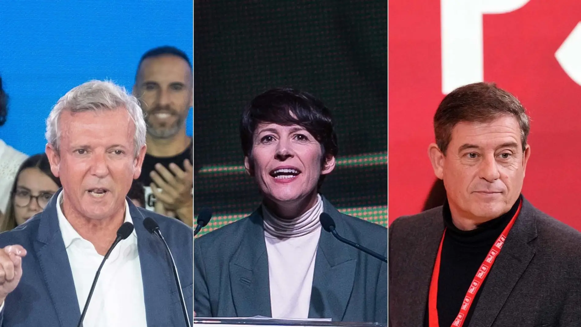 Los candidatos del PPdeG, Alfonso Rueda, del BNG, Ana Pontón, y del PSdeG, José Ramón Gómez Besteiro, a la Presidencia de la Xunta en las elecciones del 18 de febrero.