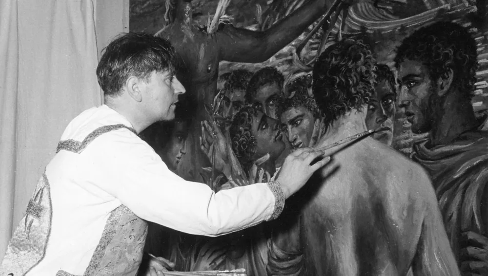 Gregorio Prieto en su estudio pintando El centro del mundo (ca. 1965)