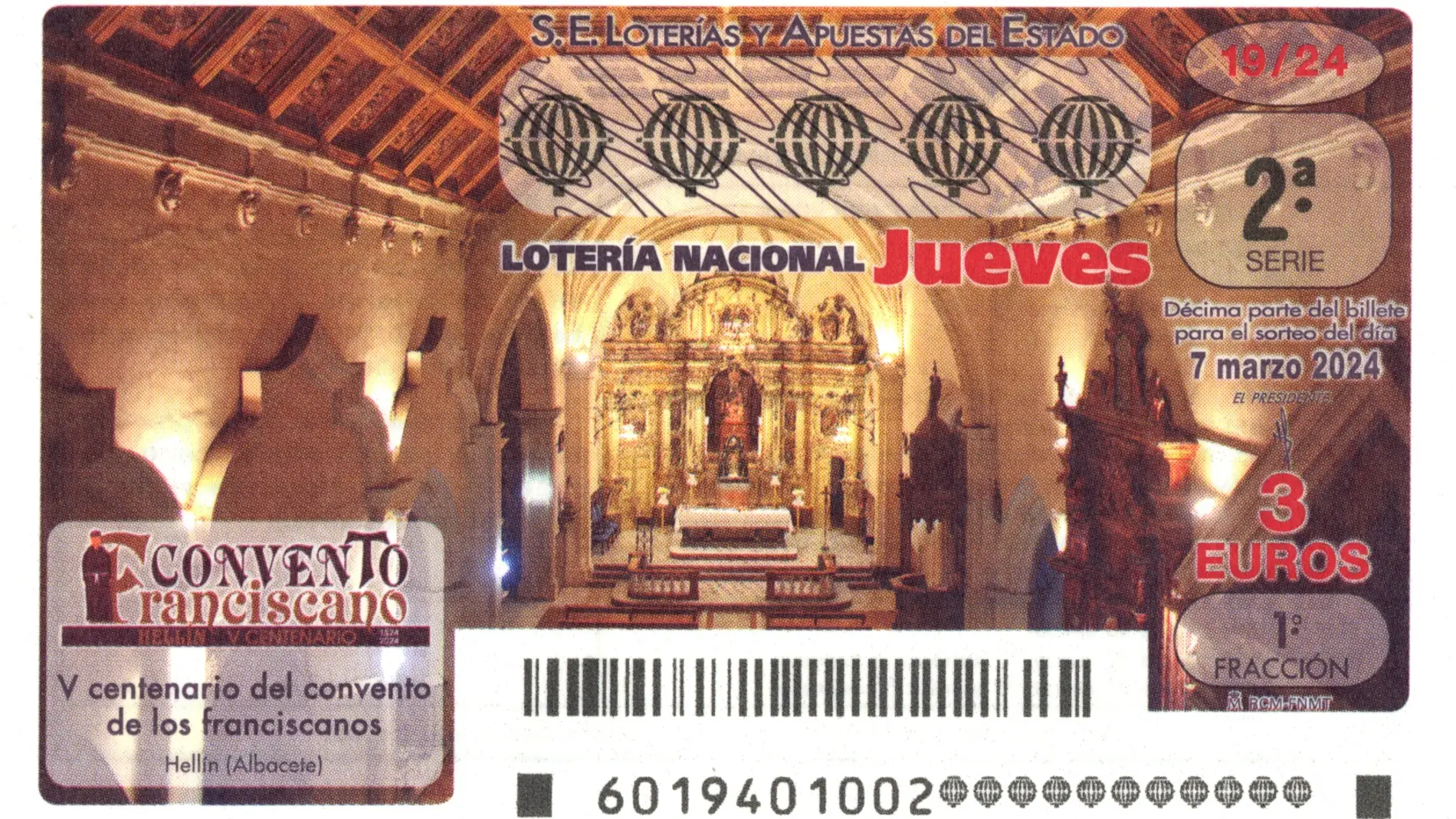 El Convento de los Franciscanos de Hellín será protagonista de la Lotería Nacional