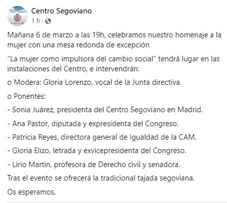 El Centro Segoviano en Madrid se suma a la celebración del Día Internacional de la Mujer El Centro Segoviano en Madrid se suma a la celebración del Día Internacional de la Mujer
