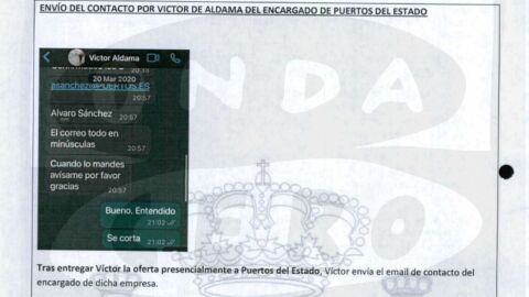 Captura de pantalla que recoge el sumario Koldo y en la que Aldama envía el email del presidente de Puertos del estado/ ondacero.es