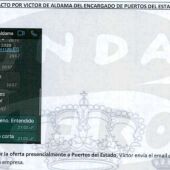 Captura de pantalla que recoge el sumario Koldo y en la que Aldama envía el email del presidente de Puertos del estado