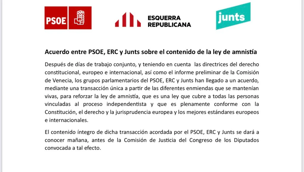 Comunicado de PSOE, ERC y Junts sobre la ley de amnistía