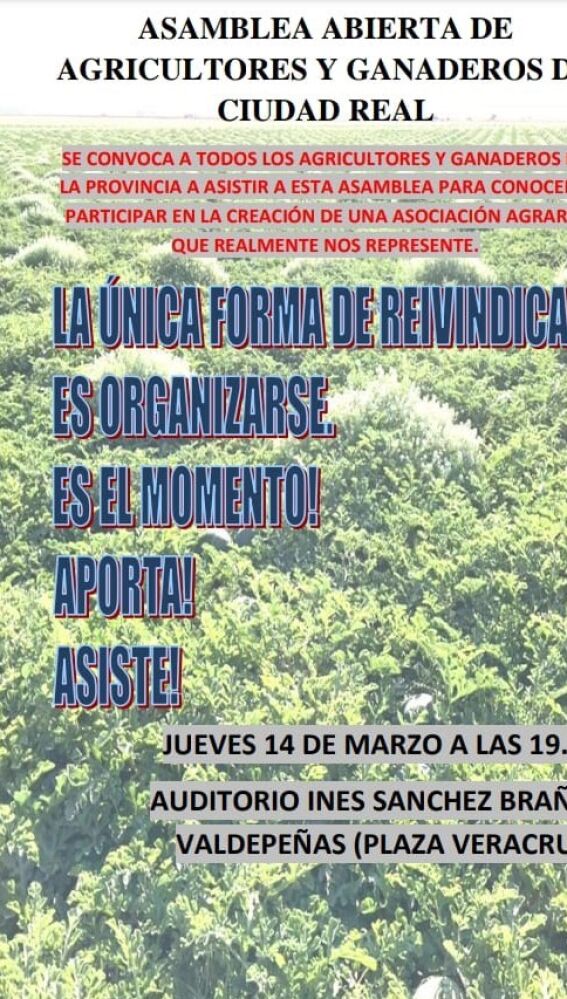 Cartel asamblea abierta agricultores y ganaderos Valdepeñas