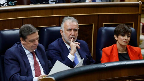 Los ministros de Agricultura, Luis Planas, y de Pol&iacute;tica Territorial y Memoria Democr&aacute;tica, &Aacute;ngel V&iacute;ctor Torres (c), junto a la ministra de Vivienda y Agenda Urbana, Isabel Rodr&iacute;guez, durante la sesi&oacute;n de control al Gobierno celebrada este mi&eacute;rcoles en el Congreso