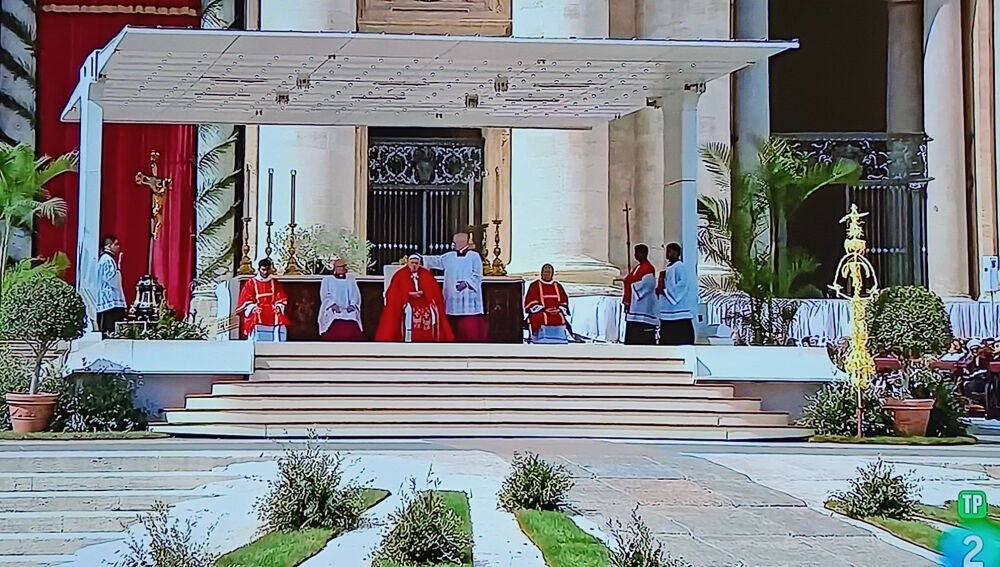 Palma blanca de Elche (a la derecha de la imagen) en el Altar de la Plaza de San Pedro del Vaticano.