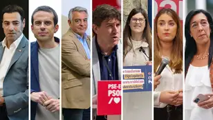 Candidatos a las elecciones vascas 2024. De izq. a drcha: Imanol Pradales (PNV), Pello Otxandiano (EH Bildu), Javier de Andrés (PP), Eneko Andueza (PSE), Miren Gorrotxategi (Podemos), Alba García (Sumar), Amaia Martínez (Vox)