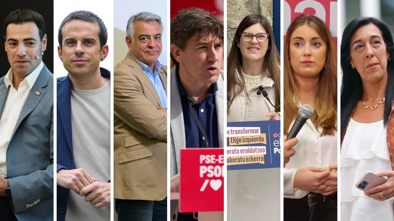 Candidatos a las elecciones vascas 2024. De izq. a drcha: Imanol Pradales (PNV), Pello Otxandiano (EH Bildu), Javier de Andrés (PP), Eneko Andueza (PSE), Miren Gorrotxategi (Podemos), Alba García (Sumar), Amaia Martínez (Vox)