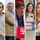 Candidatos a las elecciones vascas 2024. De izq. a drcha: Imanol Pradales (PNV), Pello Otxandiano (EH Bildu), Javier de Andrés (PP), Eneko Andueza (PSE), Miren Gorrotxategi (Podemos), Alba García (Sumar), Amaia Martínez (Vox)