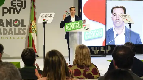 El candidato a Lehendakari y cabeza de lista por Bizkaia, Imanol Pradales, interviene durante el arranque de la campaña electoral del PNV, El candidato a Lehendakari y cabeza de lista por Bizkaia, Imanol Pradales, interviene durante el arranque de la campaña electoral del PNV,