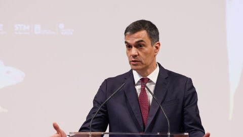 El presidente del Gobierno, Pedro S&aacute;nchez, durante su intervenci&oacute;n en el acto de inauguraci&oacute;n de la exposici&oacute;n 'Luis Mart&iacute;n-Santos. Tiempo de libertad', este jueves en la Biblioteca Nacional en Madrid.