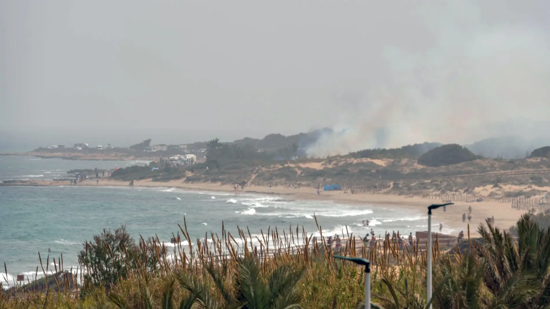 Incendio en la zona de pinada de la playa del Carabassí de Elche visto desde Arenales del Sol.