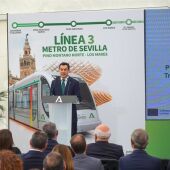 El presidente de la Junta Juanma Moreno durante su intervención en el inicio de los trabajos de la Línea 3 del Metro