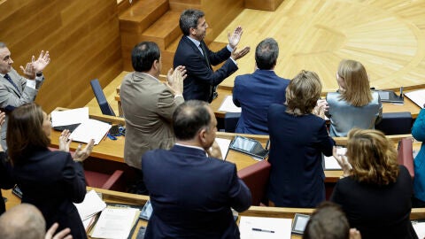 El president de la Generalitat, Carlos Mazón, junto al resto de miembros del grupo popular, aplaude tras la tramitación de las leyes propuestas por el PP y Vox. 