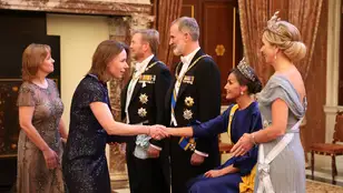 La reina Letizia, sentada durante el besamanos previo a la cena de gala con los reyes de Países Bajos a causa del neuroma de Morton que padece