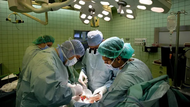 Varios cirujanos trabajan en una operación de trasplante de riñón.