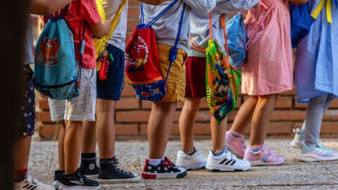 Niños de Primaria guardan cola a la espera de entrar a clase, en un día de colegio. 