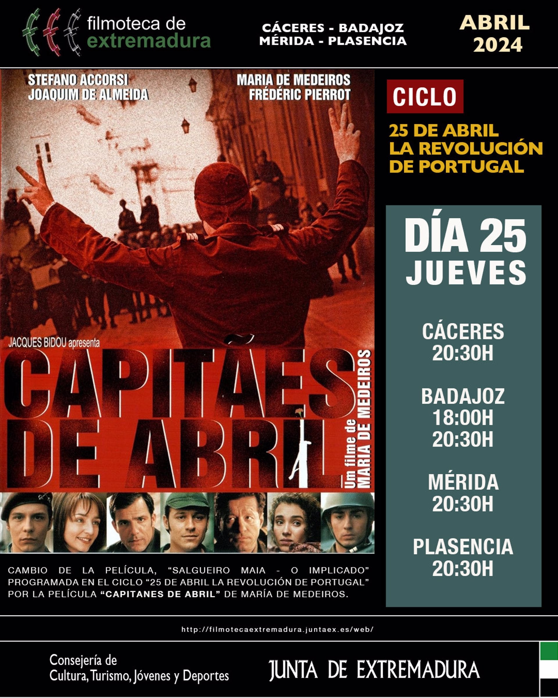 La Filmoteca conmemora este jueves los 50 años de la Revolución de los Claveles con la proyección de 'Capitanes de abril' La Filmoteca conmemora este jueves los 50 años de la Revolución de los Claveles con la proyección de 'Capitanes de abril'
