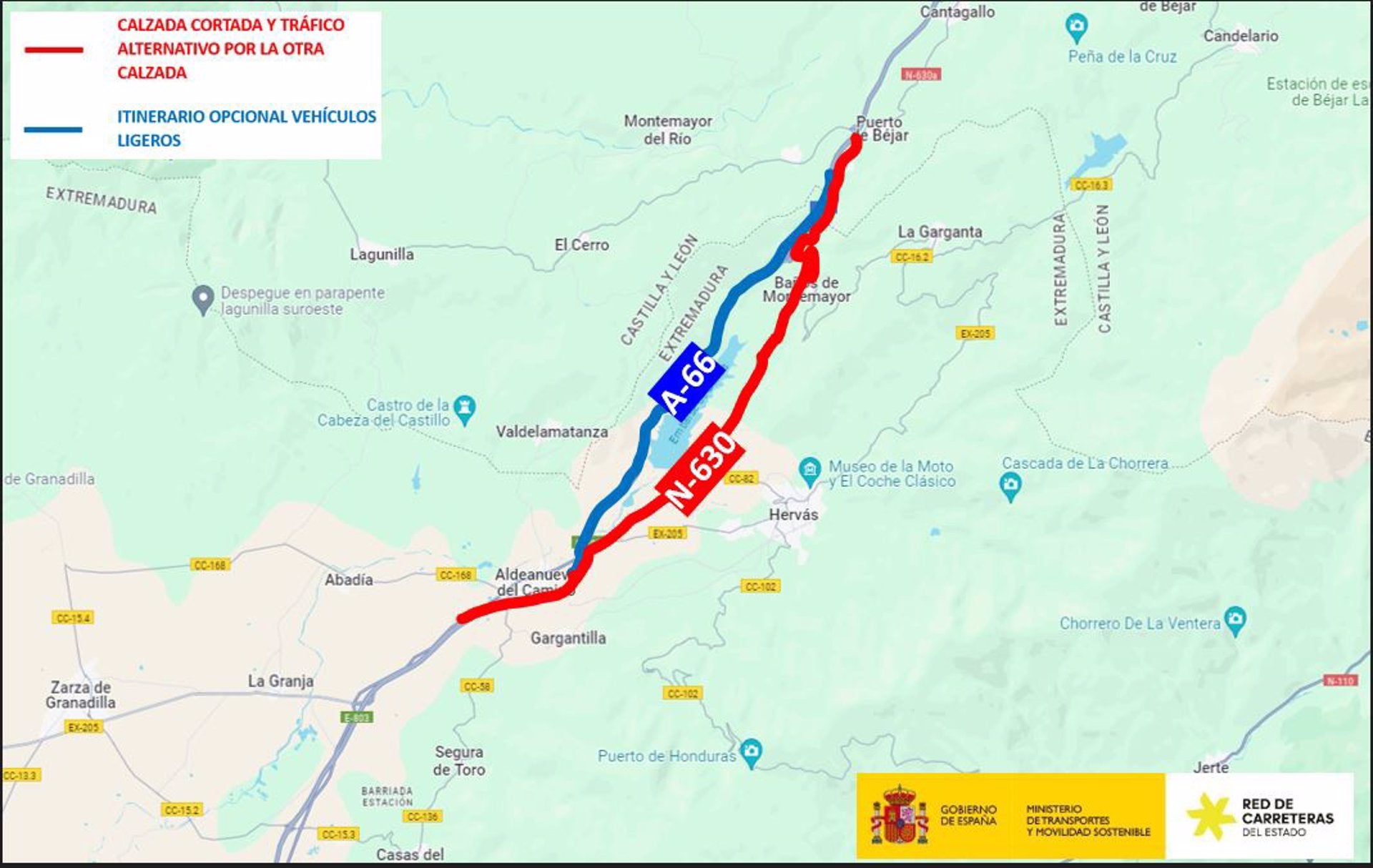 La rehabilitación de la A-66 entre Baños de Montemayor y Aldeanueva provocan el corte de un carril desde este lunes 6 de mayo La rehabilitación de la A-66 entre Baños de Montemayor y Aldeanueva provocan el corte de un carril desde este lunes 6 de mayo