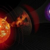 Impresión artística que representa la influencia de una erupción solar en la Tierra