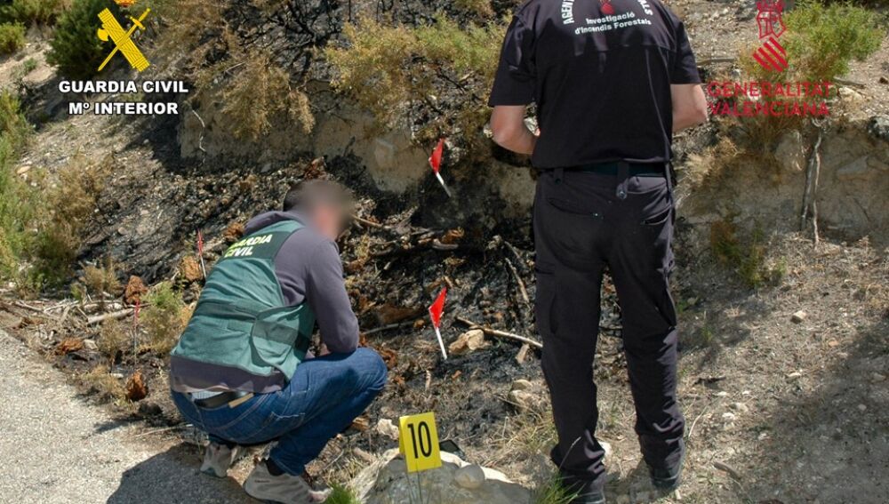 Agentes medioambientales y de la Guardia Civil investigan el foco de un incendio