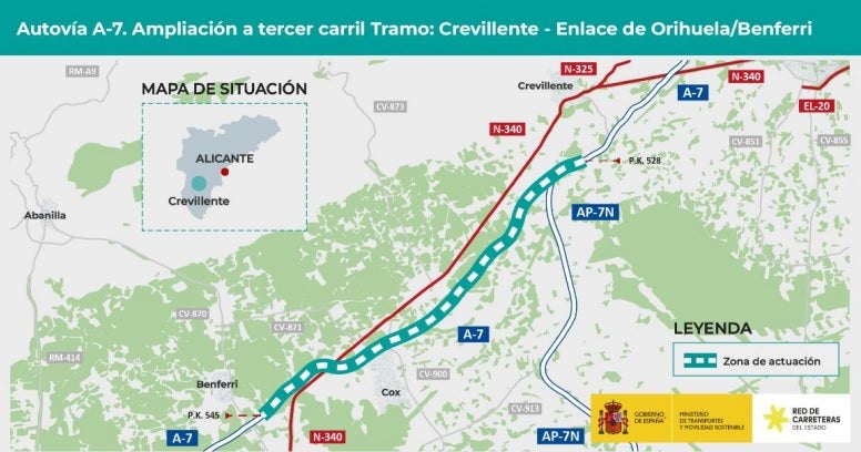 El tercer carril de la A-7 entre Crevillent y Orihuela, más cerca El tercer carril de la A-7 entre Crevillent y Orihuela, más cerca