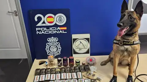 La perra 'Kata' y parte de las drogas aprehendidas La perra 'Kata' y parte de las drogas aprehendidas