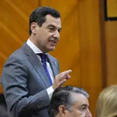 El presidente de la Junta de Andalucía, Juanma Moreno, interviene en la segunda jornada del Pleno del Parlamento andaluz El presidente de la Junta de Andalucía, Juanma Moreno, interviene en la segunda jornada del Pleno del Parlamento andaluz