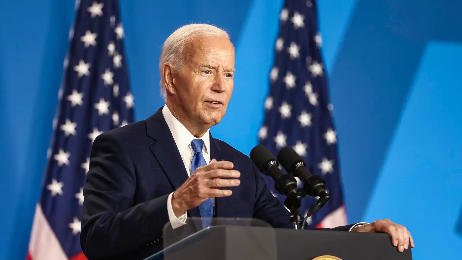 El presidente de Estados Unidos, Joe Biden, habla durante una conferencia de prensa al margen de la Cumbre de la OTAN en Washington DC (EE.UU.)