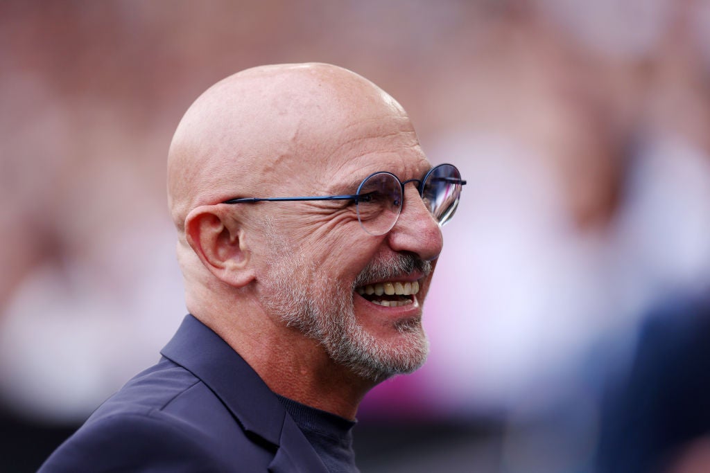 Luis de la Fuente sonríe en un partido de la selección española de fútbol. Luis de la Fuente sonríe en un partido de la selección española de fútbol.
